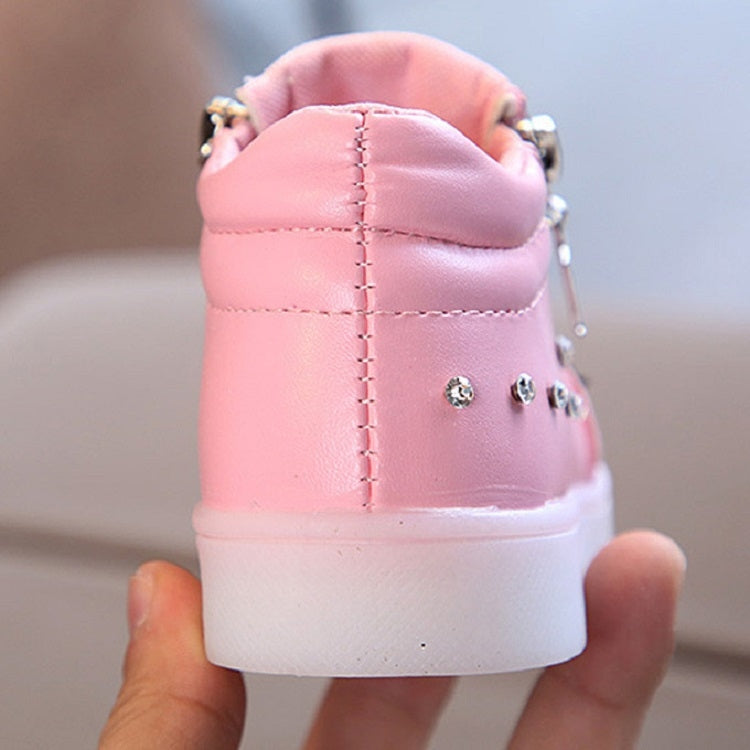 Kids Shoes Baby Infant Girls Eyelash Crystal Bowknot LED Luminous Boots Shoes Sneakers, 21, 22, 23, 24