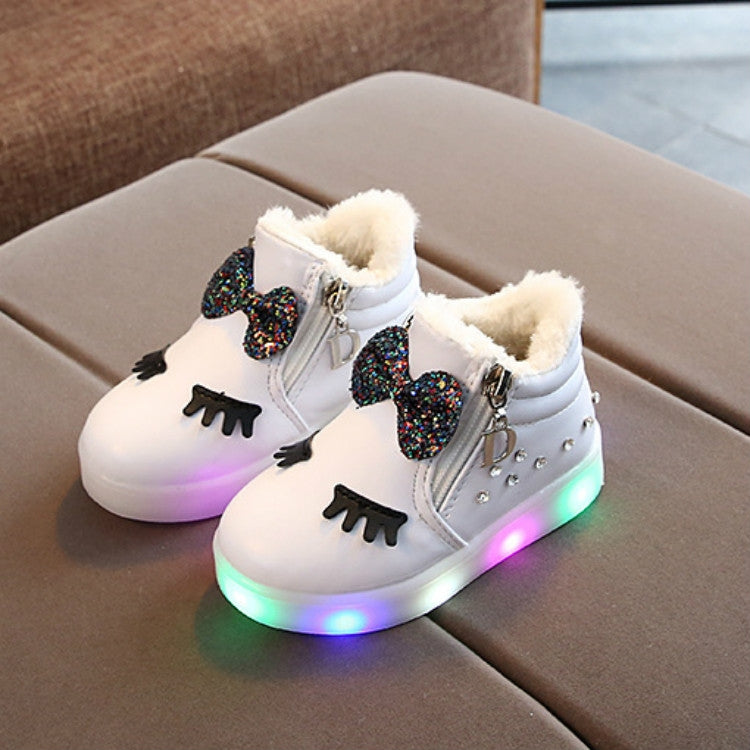 Kids Shoes Baby Infant Girls Eyelash Crystal Bowknot LED Luminous Boots Shoes Sneakers, 21, 22, 23, 24