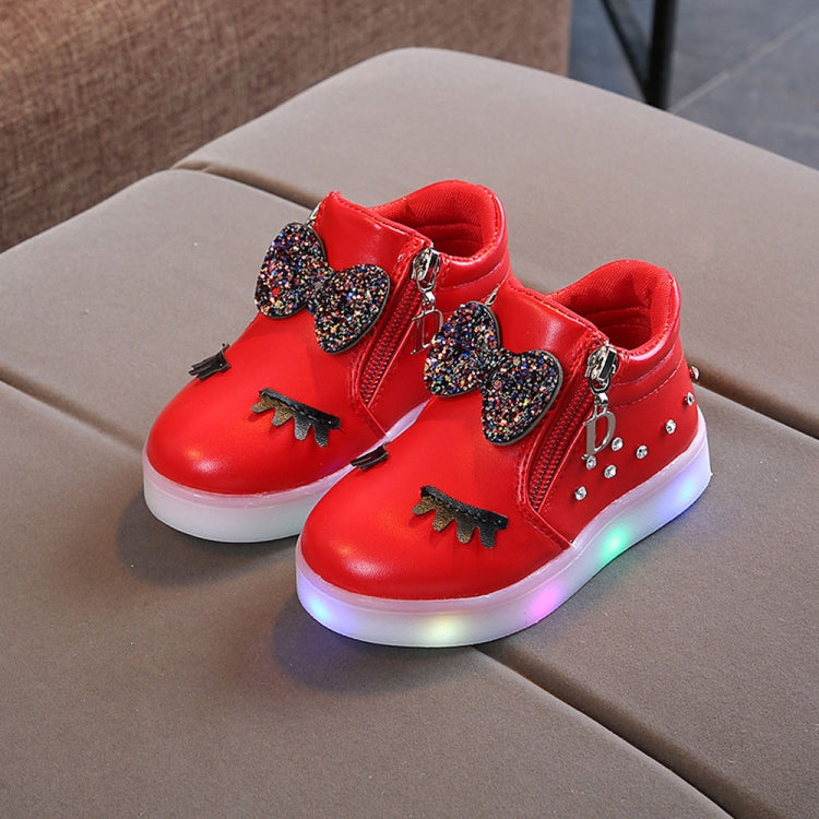 Kids Shoes Baby Infant Girls Eyelash Crystal Bowknot LED Luminous Boots Shoes Sneakers, 21, 22, 23, 24