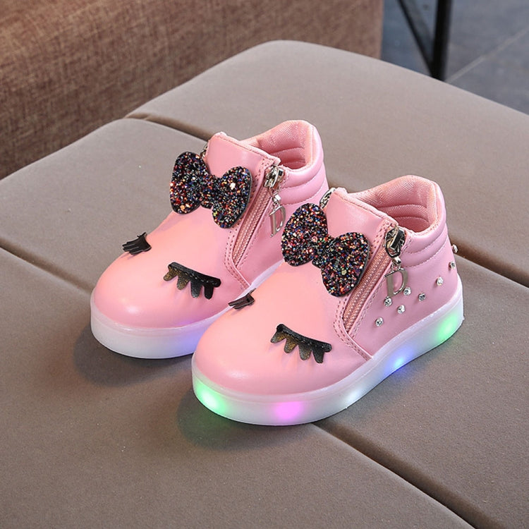 Kids Shoes Baby Infant Girls Eyelash Crystal Bowknot LED Luminous Boots Shoes Sneakers, 21, 22, 23, 24