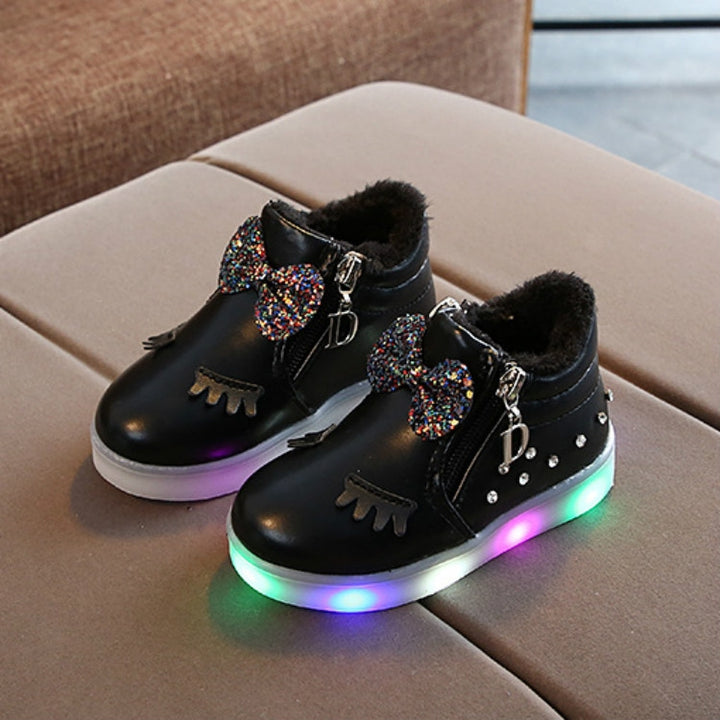 Kids Shoes Baby Infant Girls Eyelash Crystal Bowknot LED Luminous Boots Shoes Sneakers, 21, 22, 23, 24