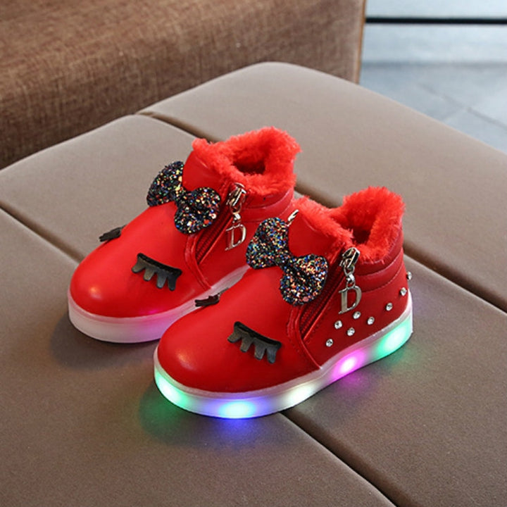 Kids Shoes Baby Infant Girls Eyelash Crystal Bowknot LED Luminous Boots Shoes Sneakers, 21, 22, 23, 24