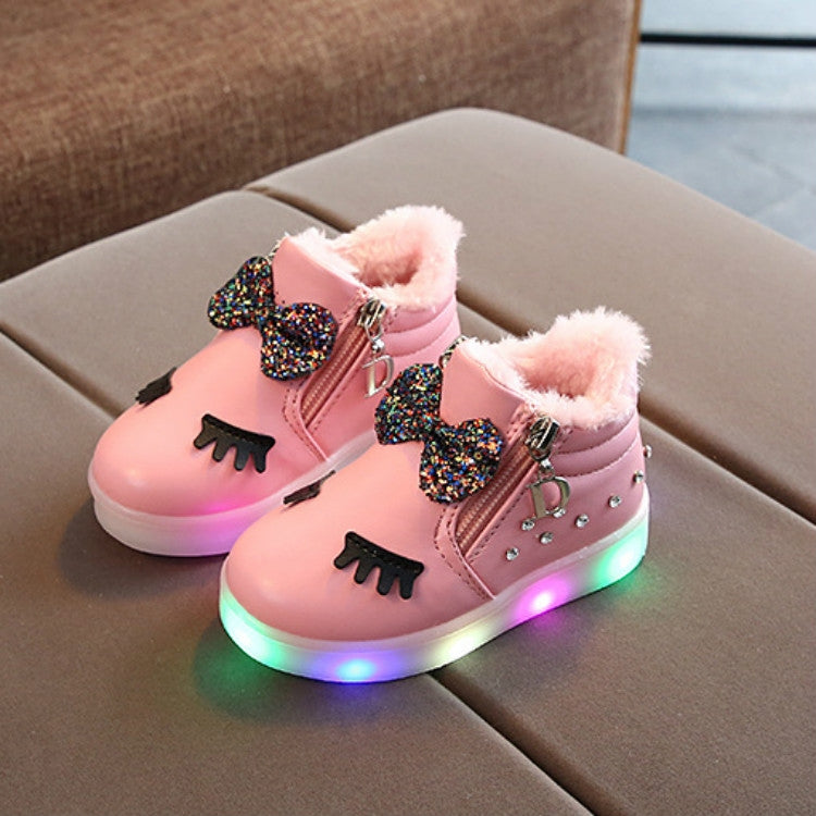 Kids Shoes Baby Infant Girls Eyelash Crystal Bowknot LED Luminous Boots Shoes Sneakers, 21, 22, 23, 24