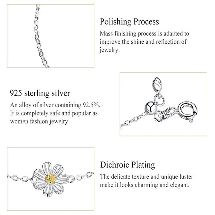 S925 Sterling Silver Platinum Plated Bracelet Cute Daisy Bracelet, Daisy