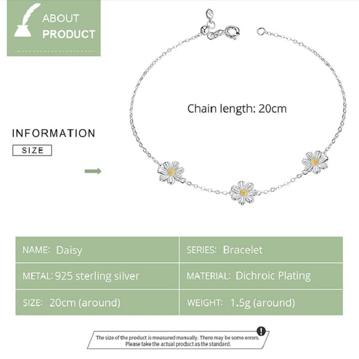 S925 Sterling Silver Platinum Plated Bracelet Cute Daisy Bracelet, Daisy