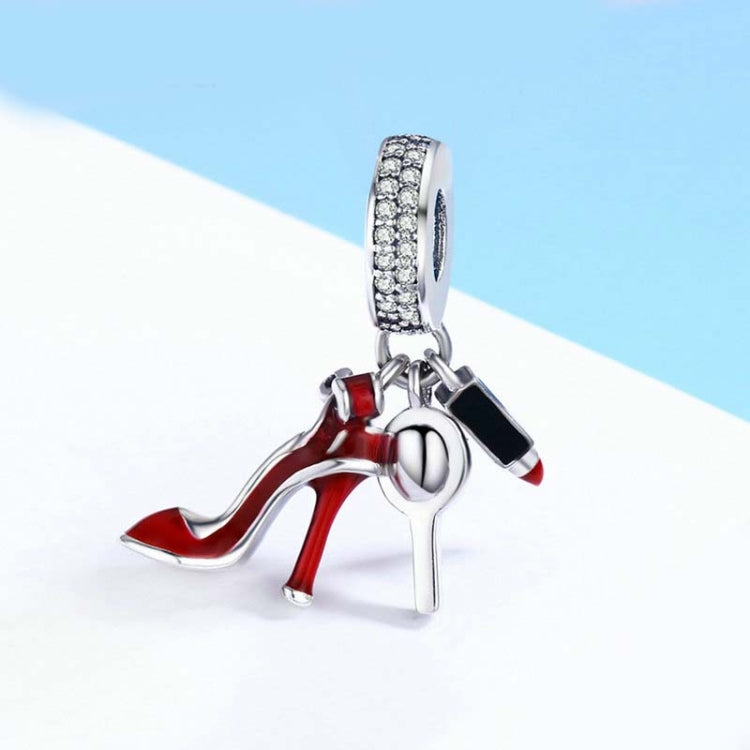 925 Sterling Silver Charm Red Lipstick High Heels Makeup Mirror Pendant