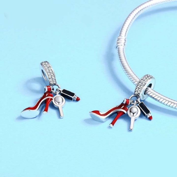 925 Sterling Silver Charm Red Lipstick High Heels Makeup Mirror Pendant