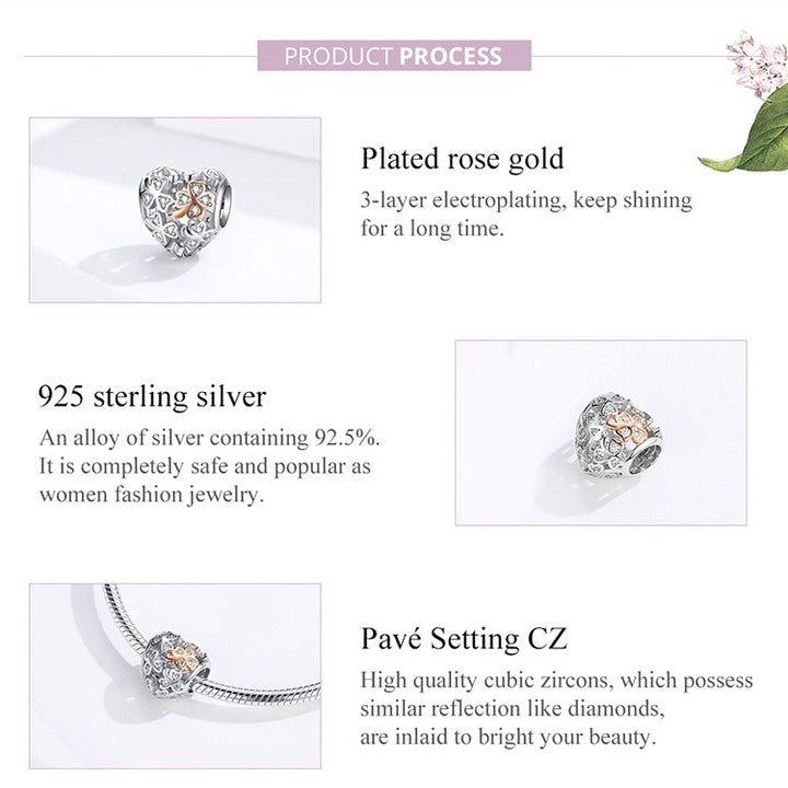 925 Sterling Silver Heart-shaped Beaded Hollow Four-leaf Clover DIY Bracelet Accessories, SCC1248