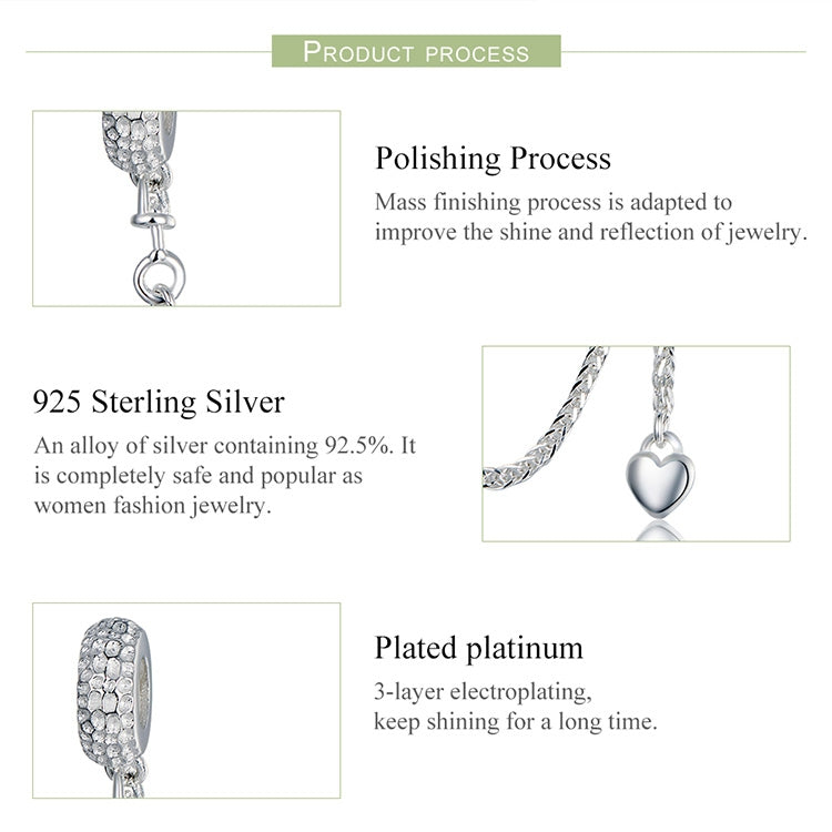 925 Sterling Silver Love Heart Safety Chain Charms Stopper Pendant Women Bracelets DIY Jewelry, SCC1112