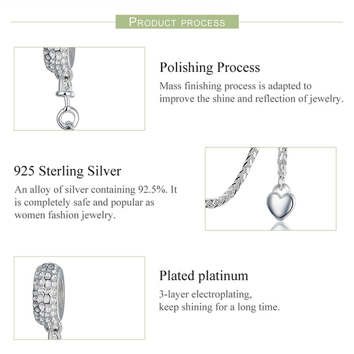 925 Sterling Silver Love Heart Safety Chain Charms Stopper Pendant Women Bracelets DIY Jewelry, SCC1112