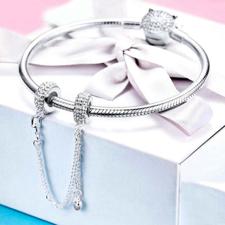 925 Sterling Silver Love Heart Safety Chain Charms Stopper Pendant Women Bracelets DIY Jewelry, SCC1112