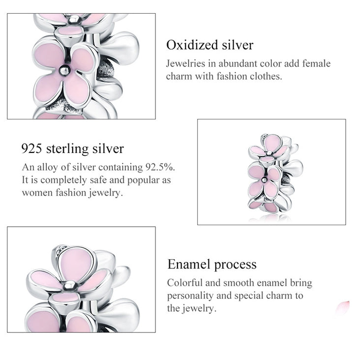 925 Sterling Silver Pink Enamel Flower Charm Women Bracelet  DIY Jewelry Beads, SCC1484