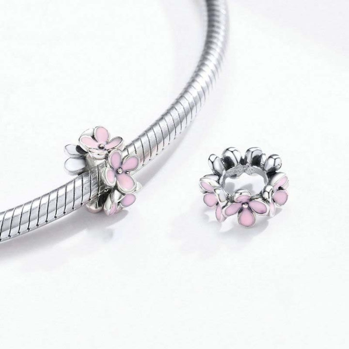 925 Sterling Silver Pink Enamel Flower Charm Women Bracelet  DIY Jewelry Beads, SCC1484