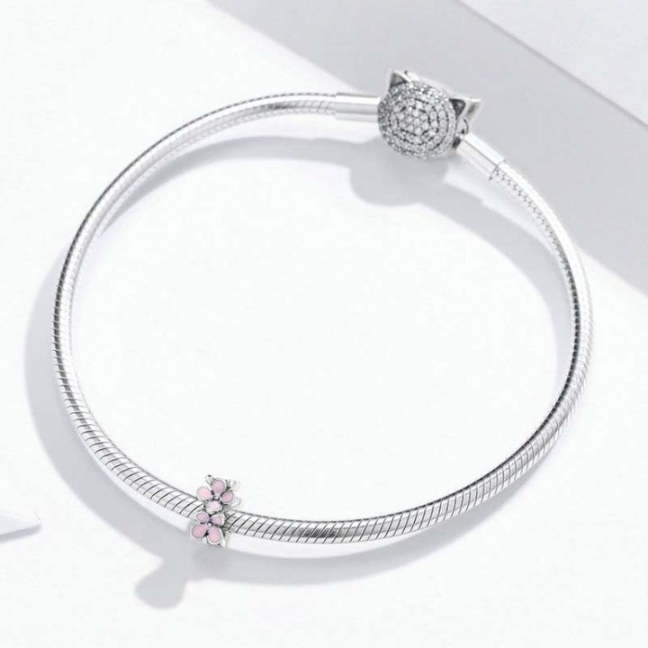 925 Sterling Silver Pink Enamel Flower Charm Women Bracelet  DIY Jewelry Beads, SCC1484