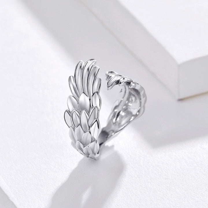 Sterling Silver S925 Open Ring Feather Wings Adjustable Ring