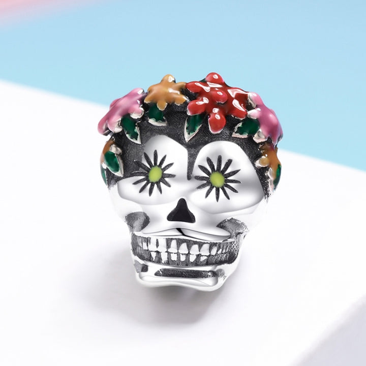 Halloween Collection 925 Sterling Silver Flower Skull Charms Colorful Enamel Beads Women Bracelets DIY Jewelry, SCC888