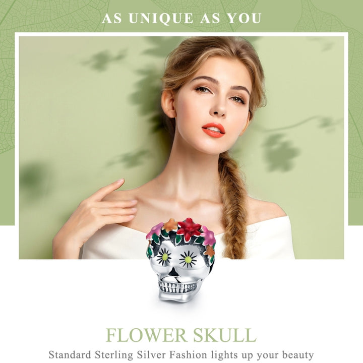 Halloween Collection 925 Sterling Silver Flower Skull Charms Colorful Enamel Beads Women Bracelets DIY Jewelry, SCC888