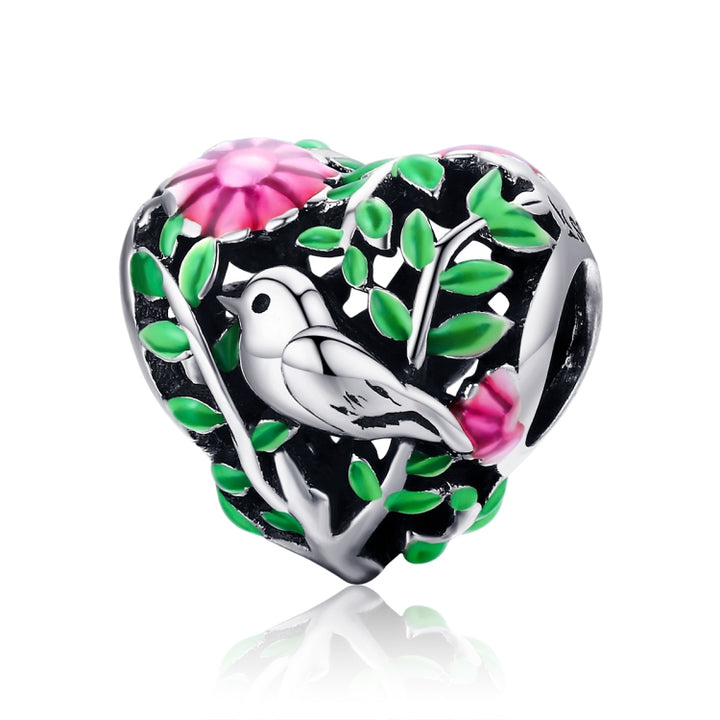 925 Sterling Silver Bird In The Woods Charm Beads Fit Women Bracelet Necklaces Jewelry, SCC647