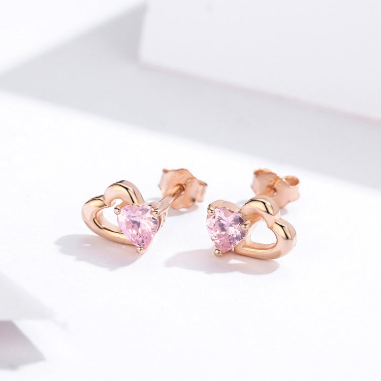 Sterling Silver Earrings Heart-shaped Rose Gold-plated Zircon Earrings, SCE090-C