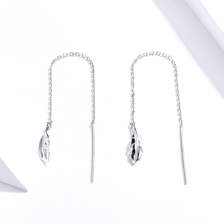 Feather Ear Line Sterling Silver Long Earrings Platinum Plated Simple Girl Earrings, SCE786