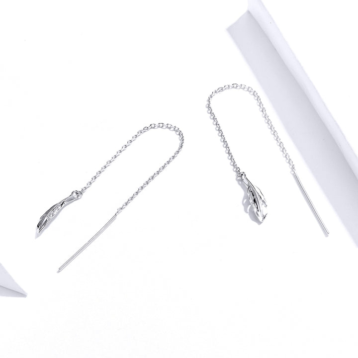 Feather Ear Line Sterling Silver Long Earrings Platinum Plated Simple Girl Earrings, SCE786