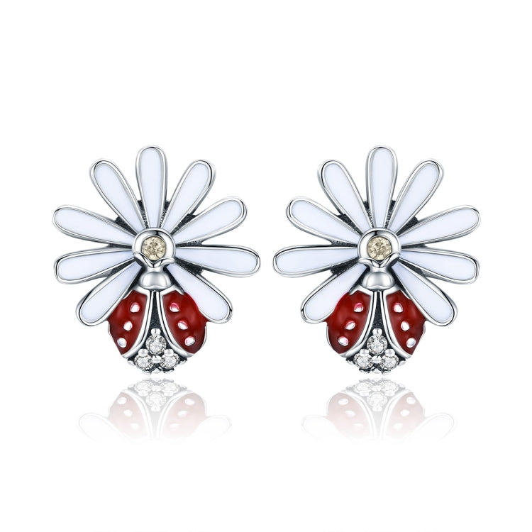 Sterling Silver Ladybug Flower Earrings Drop Oil Diamond Earrings Female Earrings, SCE459