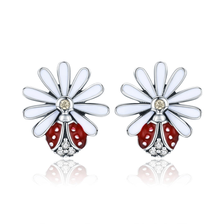 Sterling Silver Ladybug Flower Earrings Drop Oil Diamond Earrings Female Earrings, SCE459