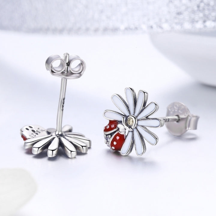 Sterling Silver Ladybug Flower Earrings Drop Oil Diamond Earrings Female Earrings, SCE459