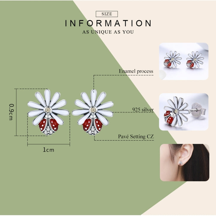 Sterling Silver Ladybug Flower Earrings Drop Oil Diamond Earrings Female Earrings, SCE459