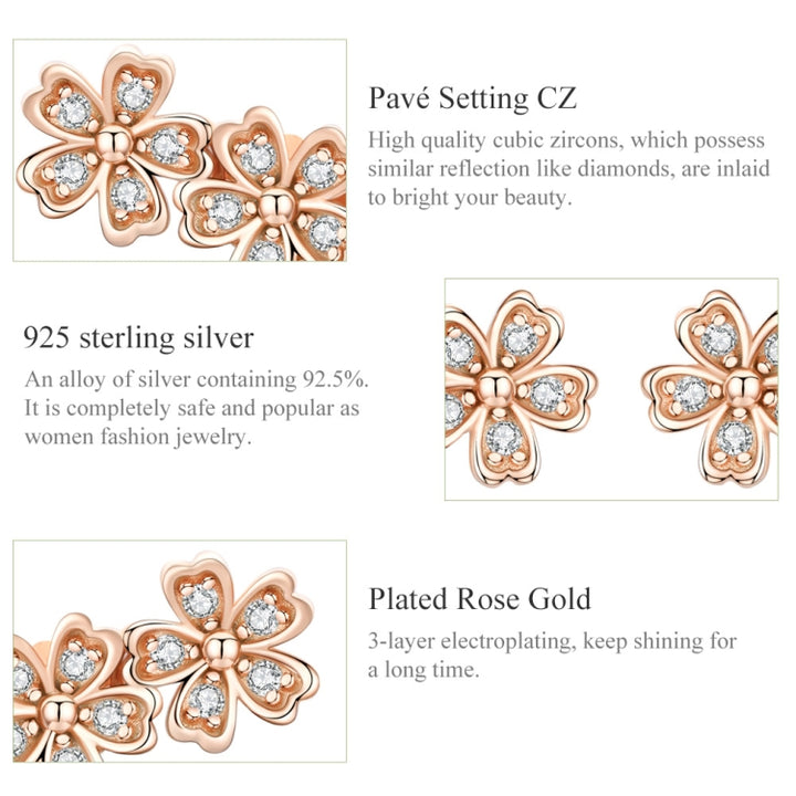 Flowers Zircon Earrings Sterling Silver Female Earrings Simple Earrings, Rose Gold, White