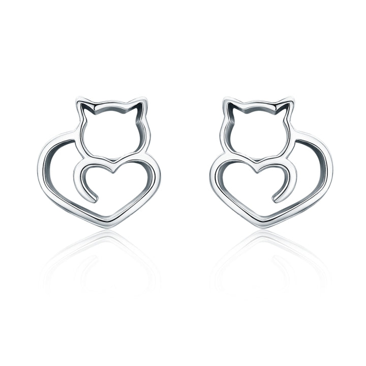 Simple Plain Silver Cat Earrings Sterling Silver Hollow Female Earrings Small Animal Silver Jewelry, SCE271