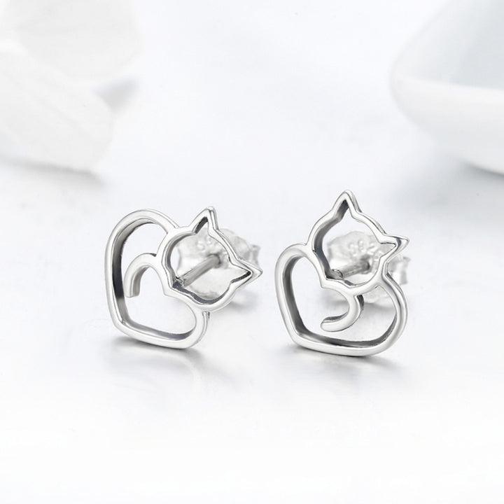 Simple Plain Silver Cat Earrings Sterling Silver Hollow Female Earrings Small Animal Silver Jewelry, SCE271