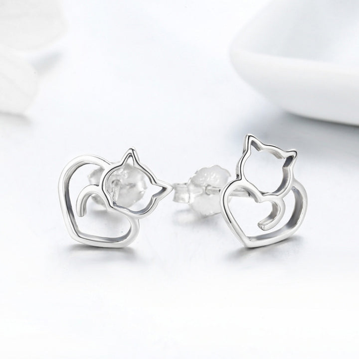 Simple Plain Silver Cat Earrings Sterling Silver Hollow Female Earrings Small Animal Silver Jewelry, SCE271