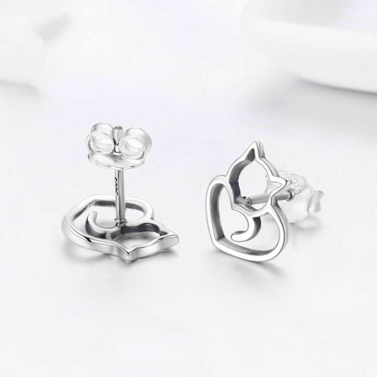 Simple Plain Silver Cat Earrings Sterling Silver Hollow Female Earrings Small Animal Silver Jewelry, SCE271