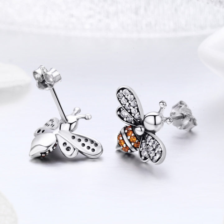 S925 Sterling Silver Earrings Bee Inlaid Female Earrings, White, Gold