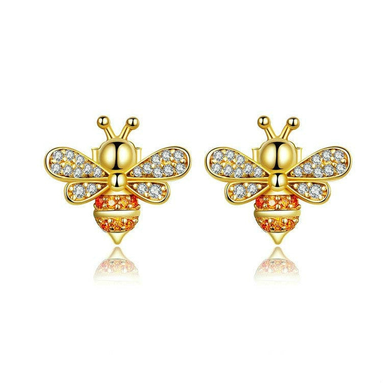 S925 Sterling Silver Earrings Bee Inlaid Female Earrings, White, Gold