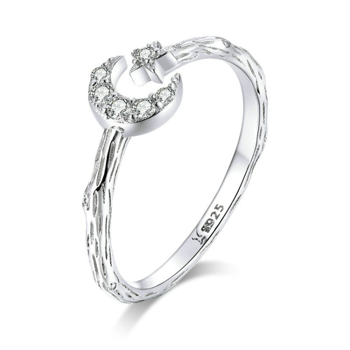 Fashion Retro Open Ring Sterling Silver S925 Star and Moon Platinum Plated Zircon Ring, SCR638