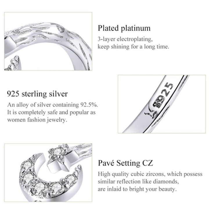 Fashion Retro Open Ring Sterling Silver S925 Star and Moon Platinum Plated Zircon Ring, SCR638