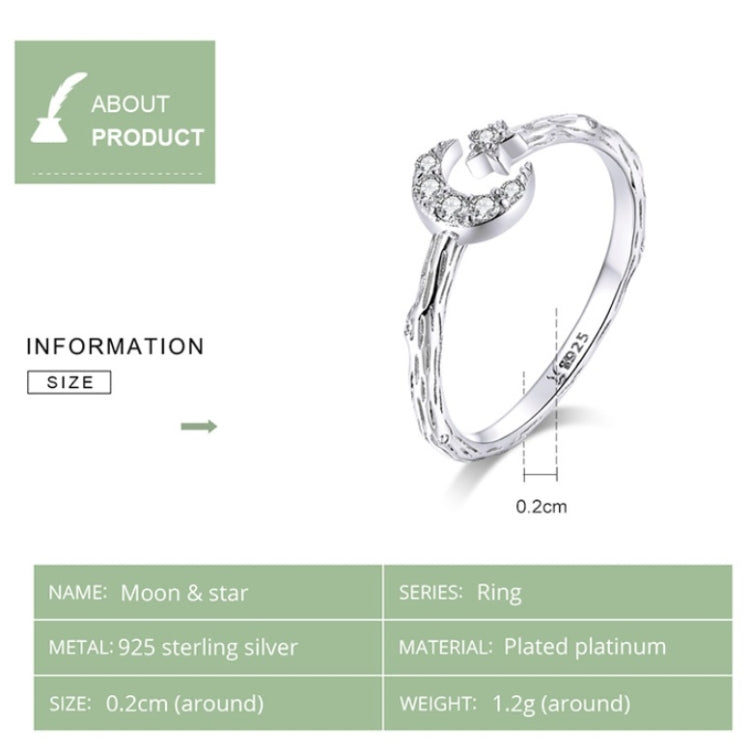 Fashion Retro Open Ring Sterling Silver S925 Star and Moon Platinum Plated Zircon Ring, SCR638