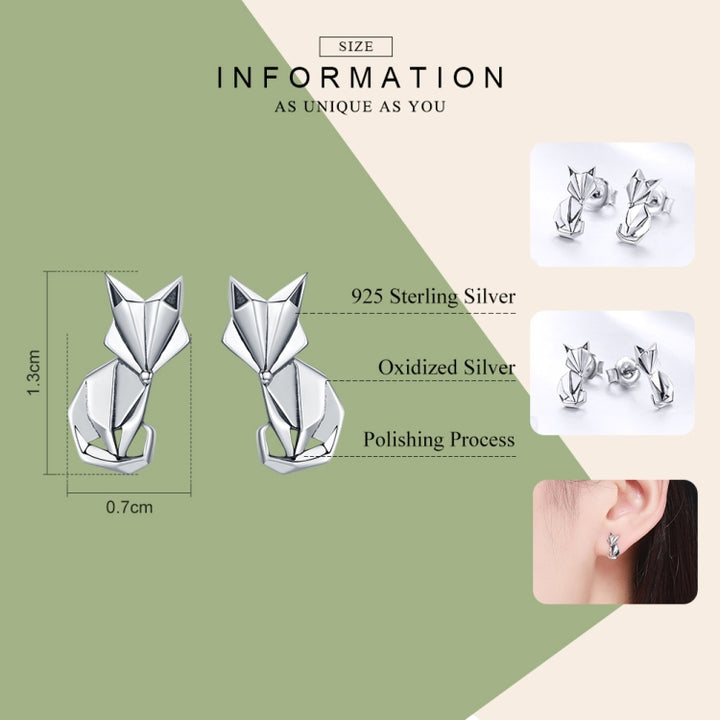 S925 Animal Earrings Jewelry Origami Fox Sterling Silver Girls Earrings, SCE526