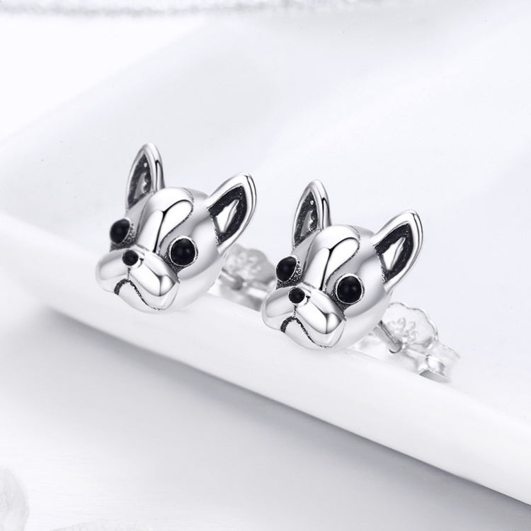 S925 Sterling Silver Animal Earrings Bulldog Plain Silver Earrings, SCE283