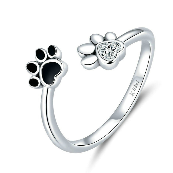 S925 Sterling Silver Cute Pet Paw Print Open Ring Black Dripping Ring, SCR605