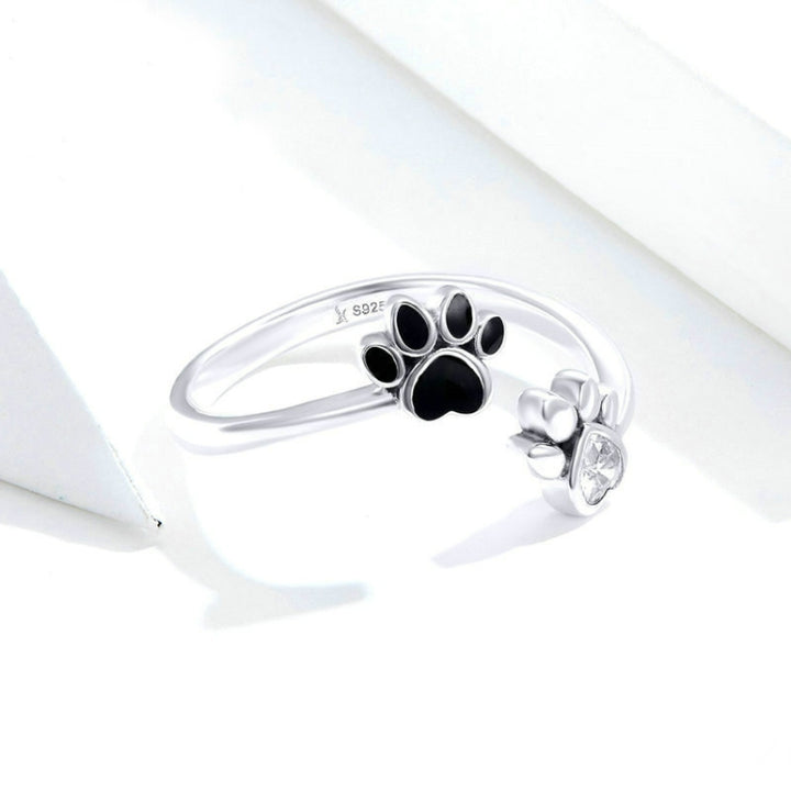 S925 Sterling Silver Cute Pet Paw Print Open Ring Black Dripping Ring, SCR605