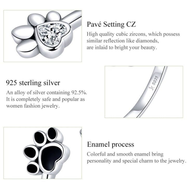 S925 Sterling Silver Cute Pet Paw Print Open Ring Black Dripping Ring, SCR605