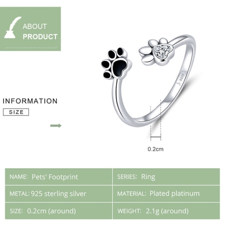 S925 Sterling Silver Cute Pet Paw Print Open Ring Black Dripping Ring, SCR605