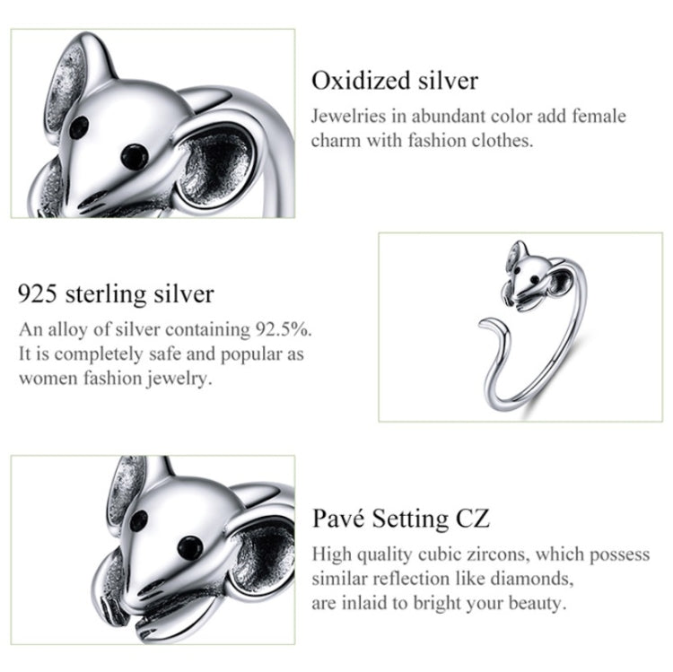 S925 Sterling Silver Open Ring New Year's Zodiac Rat Ring, SCR632