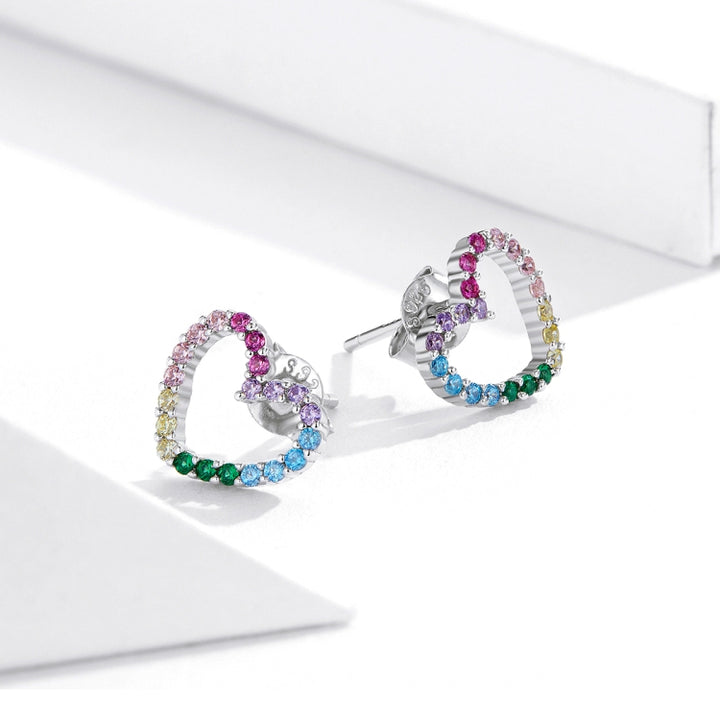 Rainbow Earrings Sterling Silver S925 Heart-shaped Zircon Girls Accessories, SCE891