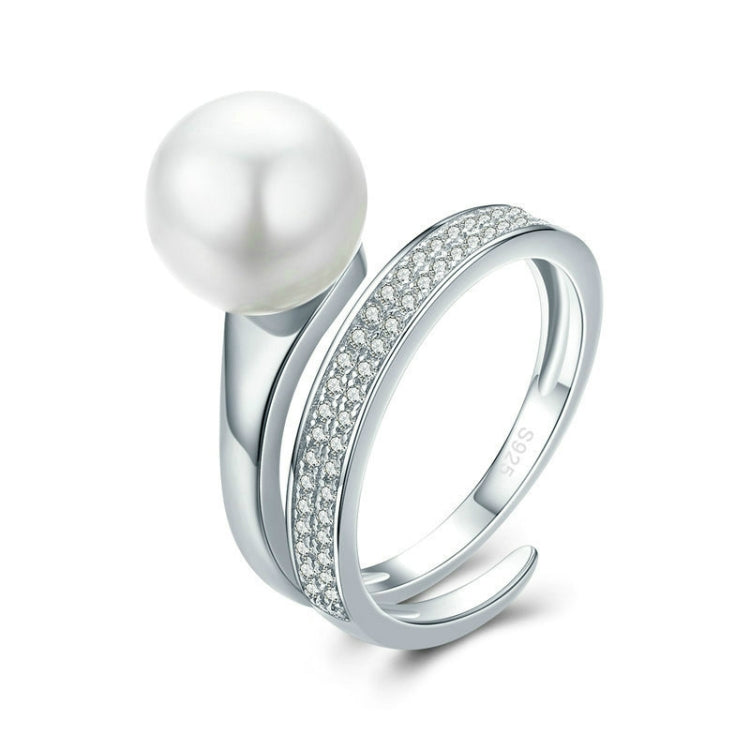 S925 Sterling Silver Elegant Ladies Ring Platinum Plated Diamond Pearl Ring