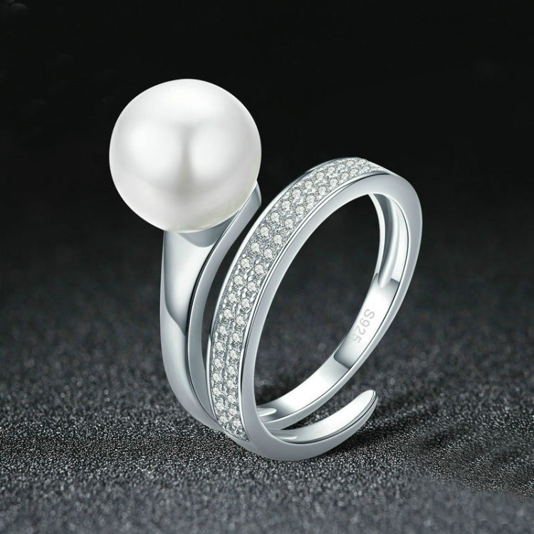 S925 Sterling Silver Elegant Ladies Ring Platinum Plated Diamond Pearl Ring