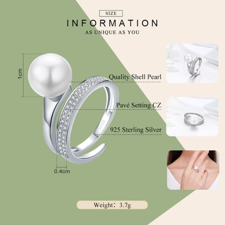 S925 Sterling Silver Elegant Ladies Ring Platinum Plated Diamond Pearl Ring